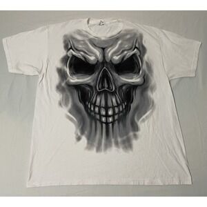 Vintage‎ Y2K Skull Print T Shirt Mens Size XL White Cyber Goth Skater Horror